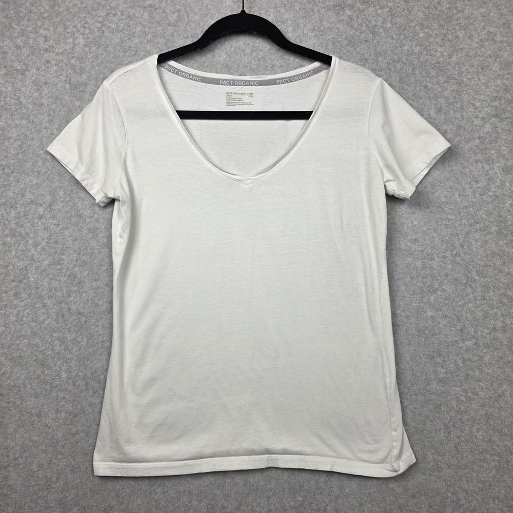 Pact Organic Shirt Womens Large White 100% Organic Cotton V Neck Basic Tee Top
